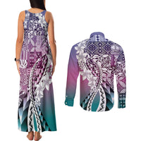 Aloha Vintage Plumeria Hawaiian Tapa Pattern Couples Matching Tank Maxi Dress and Long Sleeve Button Shirt Gradient Hawaiian Tapa Pattern - Polynesian Pride