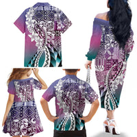 Aloha Vintage Plumeria Hawaiian Tapa Pattern Family Matching Off The Shoulder Long Sleeve Dress and Hawaiian Shirt Gradient Hawaiian Tapa Pattern - Polynesian Pride