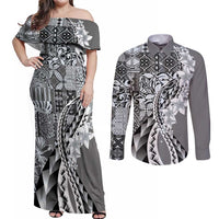 Aloha Vintage Plumeria Hawaiian Tapa Pattern Couples Matching Off Shoulder Maxi Dress and Long Sleeve Button Shirt Gray Hawaiian Tapa Pattern - Polynesian Pride