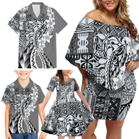 Aloha Vintage Plumeria Hawaiian Tapa Pattern Family Matching Off Shoulder Short Dress and Hawaiian Shirt Gray Hawaiian Tapa Pattern - Polynesian Pride
