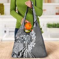 Aloha Vintage Plumeria Hawaiian Tapa Pattern Grocery Bag Gray Hawaiian Tapa Pattern - Polynesian Pride