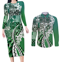 Aloha Vintage Plumeria Hawaiian Tapa Pattern Couples Matching Long Sleeve Bodycon Dress and Long Sleeve Button Shirt Green Hawaiian Tapa Pattern - Polynesian Pride