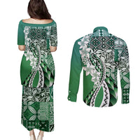 Aloha Vintage Plumeria Hawaiian Tapa Pattern Couples Matching Puletasi and Long Sleeve Button Shirt Green Hawaiian Tapa Pattern LT9 - Polynesian Pride