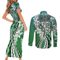 Aloha Vintage Plumeria Hawaiian Tapa Pattern Couples Matching Short Sleeve Bodycon Dress and Long Sleeve Button Shirt Green Hawaiian Tapa Pattern - Polynesian Pride