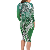 Aloha Vintage Plumeria Hawaiian Tapa Pattern Family Matching Long Sleeve Bodycon Dress and Hawaiian Shirt Green Hawaiian Tapa Pattern - Polynesian Pride