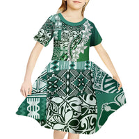 Aloha Vintage Plumeria Hawaiian Tapa Pattern Kid Short Sleeve Dress Green Hawaiian Tapa Pattern - Polynesian Pride