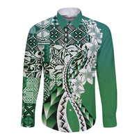 Aloha Vintage Plumeria Hawaiian Tapa Pattern Long Sleeve Button Shirt Green Hawaiian Tapa Pattern LT9 Unisex Green - Polynesian Pride