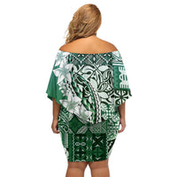 Aloha Vintage Plumeria Hawaiian Tapa Pattern Off Shoulder Short Dress Green Hawaiian Tapa Pattern - Polynesian Pride