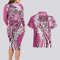 Aloha Vintage Plumeria Hawaiian Tapa Pattern Couples Matching Long Sleeve Bodycon Dress and Hawaiian Shirt Pink Hawaiian Tapa Pattern - Polynesian Pride