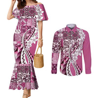 Aloha Vintage Plumeria Hawaiian Tapa Pattern Couples Matching Mermaid Dress and Long Sleeve Button Shirt Pink Hawaiian Tapa Pattern - Polynesian Pride