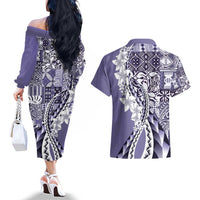 Aloha Vintage Plumeria Hawaiian Tapa Pattern Couples Matching Off The Shoulder Long Sleeve Dress and Hawaiian Shirt Purple Hawaiian Tapa Pattern - Polynesian Pride