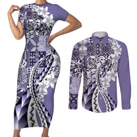 Aloha Vintage Plumeria Hawaiian Tapa Pattern Couples Matching Short Sleeve Bodycon Dress and Long Sleeve Button Shirt Purple Hawaiian Tapa Pattern - Polynesian Pride