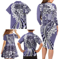 Aloha Vintage Plumeria Hawaiian Tapa Pattern Family Matching Long Sleeve Bodycon Dress and Hawaiian Shirt Purple Hawaiian Tapa Pattern - Polynesian Pride