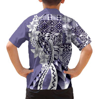 Aloha Vintage Plumeria Hawaiian Tapa Pattern Family Matching Off Shoulder Short Dress and Hawaiian Shirt Purple Hawaiian Tapa Pattern - Polynesian Pride