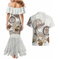 Polynesian Manta Ray Couples Matching Mermaid Dress and Hawaiian Shirt Beige Floral Turtle Tattoo - Polynesian Pride