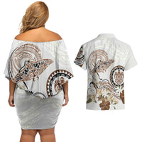 Polynesian Manta Ray Couples Matching Off Shoulder Short Dress and Hawaiian Shirt Beige Floral Turtle Tattoo - Polynesian Pride