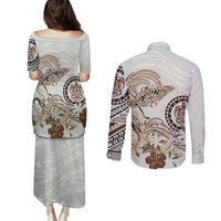 Polynesian Manta Ray Couples Matching Puletasi and Long Sleeve Button Shirt Beige Floral Turtle Tattoo LT9 - Polynesian Pride