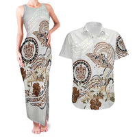 Polynesian Manta Ray Couples Matching Tank Maxi Dress and Hawaiian Shirt Beige Floral Turtle Tattoo - Polynesian Pride
