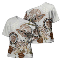 Polynesian Manta Ray Cross Shoulder Shirt Beige Floral Turtle Tattoo LT9 - Polynesian Pride