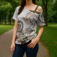 Polynesian Manta Ray Cross Shoulder Shirt Beige Floral Turtle Tattoo LT9 - Polynesian Pride