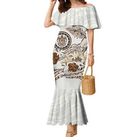 Polynesian Manta Ray Family Matching Mermaid Dress and Hawaiian Shirt Beige Floral Turtle Tattoo - Polynesian Pride