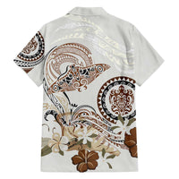 Polynesian Manta Ray Family Matching Off The Shoulder Long Sleeve Dress and Hawaiian Shirt Beige Floral Turtle Tattoo - Polynesian Pride