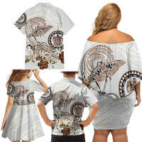 Polynesian Manta Ray Family Matching Off Shoulder Short Dress and Hawaiian Shirt Beige Floral Turtle Tattoo - Polynesian Pride