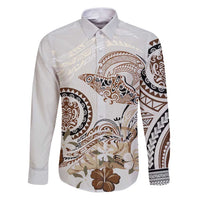 Polynesian Manta Ray Family Matching Puletasi and Hawaiian Shirt Beige Floral Turtle Tattoo LT9 Dad's Shirt - Long Sleeve Beige - Polynesian Pride