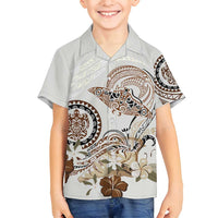 Polynesian Manta Ray Family Matching Puletasi and Hawaiian Shirt Beige Floral Turtle Tattoo LT9 Son's Shirt Beige - Polynesian Pride