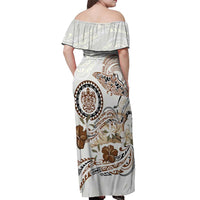 Polynesian Manta Ray Off Shoulder Maxi Dress Beige Floral Turtle Tattoo - Polynesian Pride