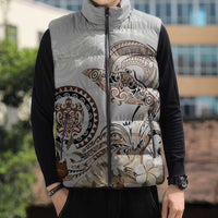 Polynesian Manta Ray Sleeveless Puffer Jacket Beige Floral Turtle Tattoo LT9 - Polynesian Pride
