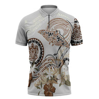 Polynesian Manta Ray Zipper Polo Shirt Beige Floral Turtle Tattoo LT9 Beige - Polynesian Pride