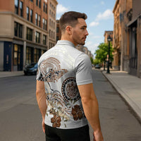 Polynesian Manta Ray Zipper Polo Shirt Beige Floral Turtle Tattoo LT9 - Polynesian Pride