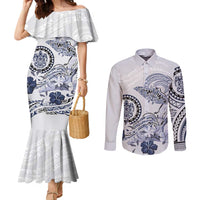 Polynesian Manta Ray Couples Matching Mermaid Dress and Long Sleeve Button Shirt Blue Floral Turtle Tattoo LT9 Blue - Polynesian Pride