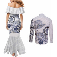 Polynesian Manta Ray Couples Matching Mermaid Dress and Long Sleeve Button Shirt Blue Floral Turtle Tattoo LT9 - Polynesian Pride