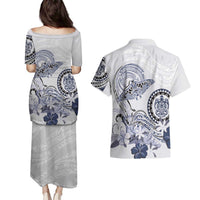 Polynesian Manta Ray Couples Matching Puletasi and Hawaiian Shirt Blue Floral Turtle Tattoo LT9 - Polynesian Pride