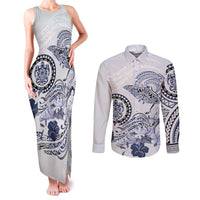 Polynesian Manta Ray Couples Matching Tank Maxi Dress and Long Sleeve Button Shirt Blue Floral Turtle Tattoo LT9 Blue - Polynesian Pride