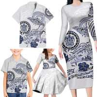 Polynesian Manta Ray Family Matching Long Sleeve Bodycon Dress and Hawaiian Shirt Blue Floral Turtle Tattoo - Polynesian Pride
