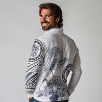 Polynesian Manta Ray Long Sleeve Polo Shirt Blue Floral Turtle Tattoo LT9 - Polynesian Pride