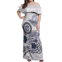 Polynesian Manta Ray Off Shoulder Maxi Dress Blue Floral Turtle Tattoo - Polynesian Pride