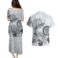 Polynesian Manta Ray Couples Matching Puletasi and Hawaiian Shirt Gray Floral Turtle Tattoo LT9 - Polynesian Pride
