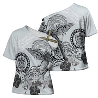 Polynesian Manta Ray Cross Shoulder Shirt Gray Floral Turtle Tattoo LT9 - Polynesian Pride