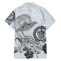 Polynesian Manta Ray Family Matching Off The Shoulder Long Sleeve Dress and Hawaiian Shirt Gray Floral Turtle Tattoo - Polynesian Pride