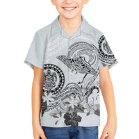 Polynesian Manta Ray Family Matching Puletasi and Hawaiian Shirt Gray Floral Turtle Tattoo LT9 Son's Shirt Gray - Polynesian Pride
