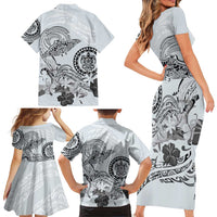 Polynesian Manta Ray Family Matching Short Sleeve Bodycon Dress and Hawaiian Shirt Gray Floral Turtle Tattoo - Polynesian Pride