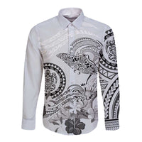 Polynesian Manta Ray Long Sleeve Button Shirt Gray Floral Turtle Tattoo LT9 Unisex Gray - Polynesian Pride