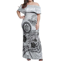 Polynesian Manta Ray Off Shoulder Maxi Dress Gray Floral Turtle Tattoo - Polynesian Pride
