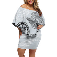 Polynesian Manta Ray Off Shoulder Short Dress Gray Floral Turtle Tattoo - Polynesian Pride