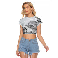 Polynesian Manta Ray Raglan Cropped T Shirt Gray Floral Turtle Tattoo - Polynesian Pride