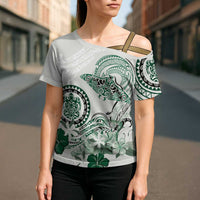 Polynesian Manta Ray Cross Shoulder Shirt Green Floral Turtle Tattoo LT9 - Polynesian Pride